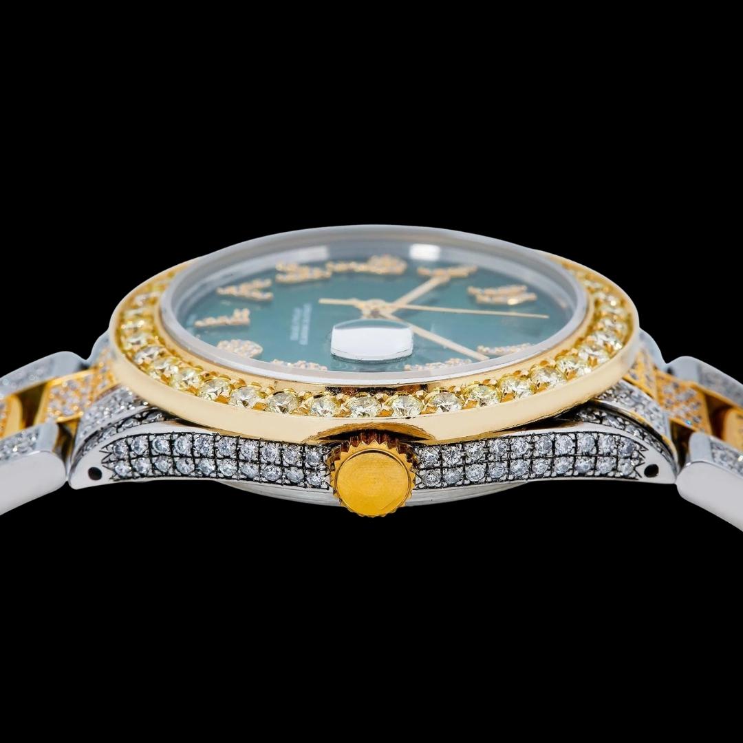 Rolex Datejust Green Dial Diamond Arabic Numerals Two Tone Yellow Gold Oyster Bracelet Iced Out Moissanite Watch Crown View