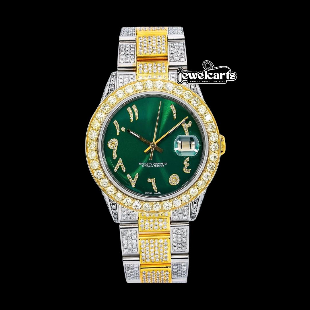 Rolex Datejust Green Dial Diamond Arabic Numerals Two Tone Yellow Gold Oyster Bracelet Iced Out Moissanite Watch Front View