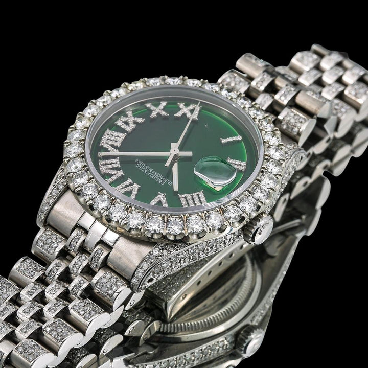 Rolex Datejust Green Dial Diamond Roman Numerals Fully Iced Out Jubilee Bracelet Moissanite Watch Close Up Front View