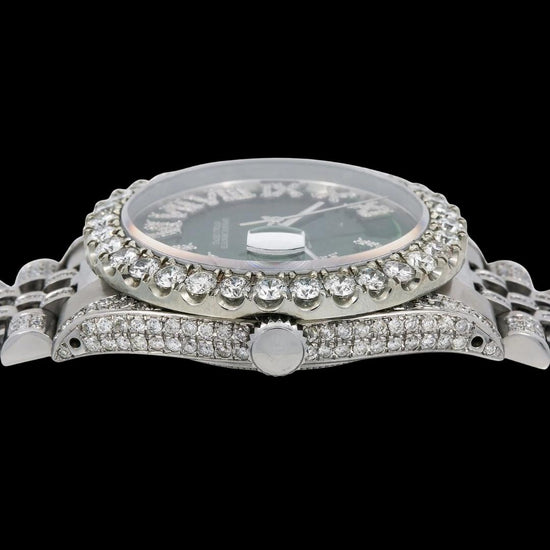 Rolex Datejust Green Dial Diamond Roman Numerals Fully Iced Out Jubilee Bracelet Moissanite Watch Crown View