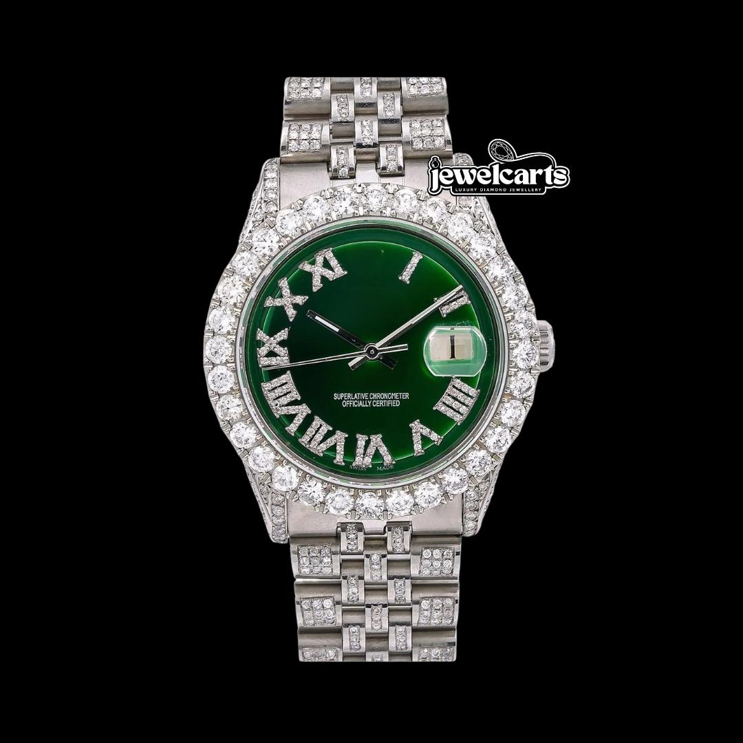 Rolex Datejust Green Dial Diamond Roman Numerals Fully Iced Out Jubilee Bracelet Moissanite Watch Front View