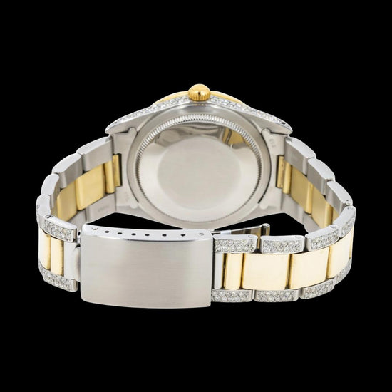 Rolex Datejust Green Roman Dial Two Tone Yellow Gold Oyster Bracelet Moissanite Watch Caseback View