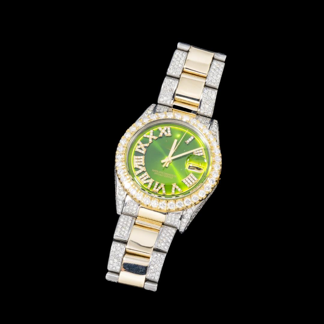 Rolex Datejust Green Roman Dial Two Tone Yellow Gold Oyster Bracelet Moissanite Watch Close Up Front View