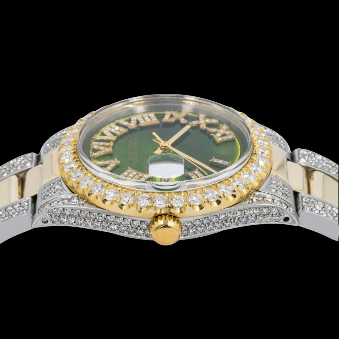 Rolex Datejust Green Roman Dial Two Tone Yellow Gold Oyster Bracelet Moissanite Watch Crown View