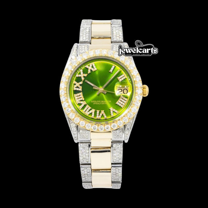 Rolex Datejust Green Roman Dial Two Tone Yellow Gold Oyster Bracelet Moissanite Watch Front View
