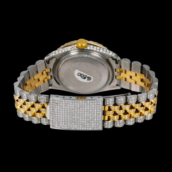 Rolex Datejust Green Roman Diamond Dial Diamond Bezel Two Tone Yellow Gold Fully Jubilee Iced Out Moissanite Watch Caseback View