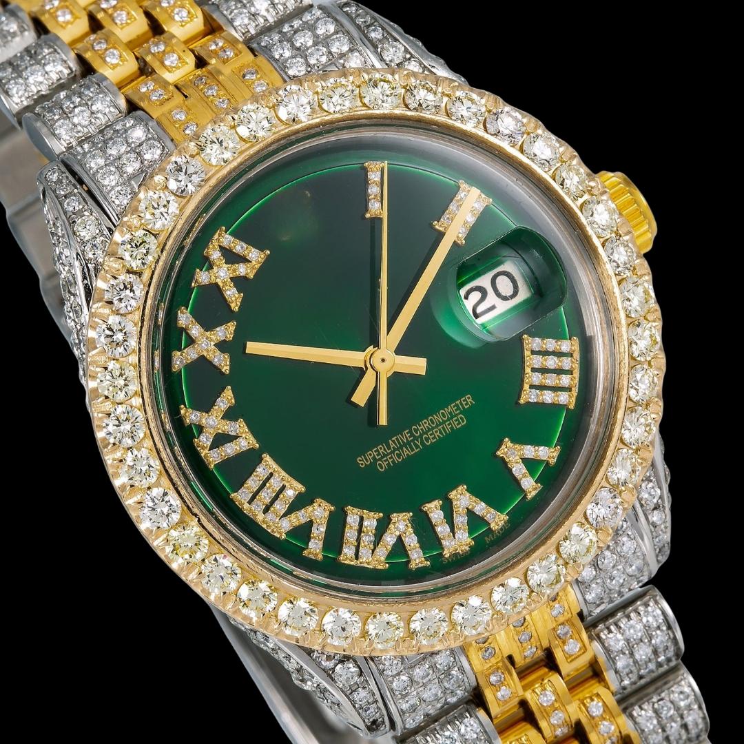 Rolex Datejust Green Roman Diamond Dial Diamond Bezel Two Tone Yellow Gold Fully Jubilee Iced Out Moissanite Watch Close Up Dial View