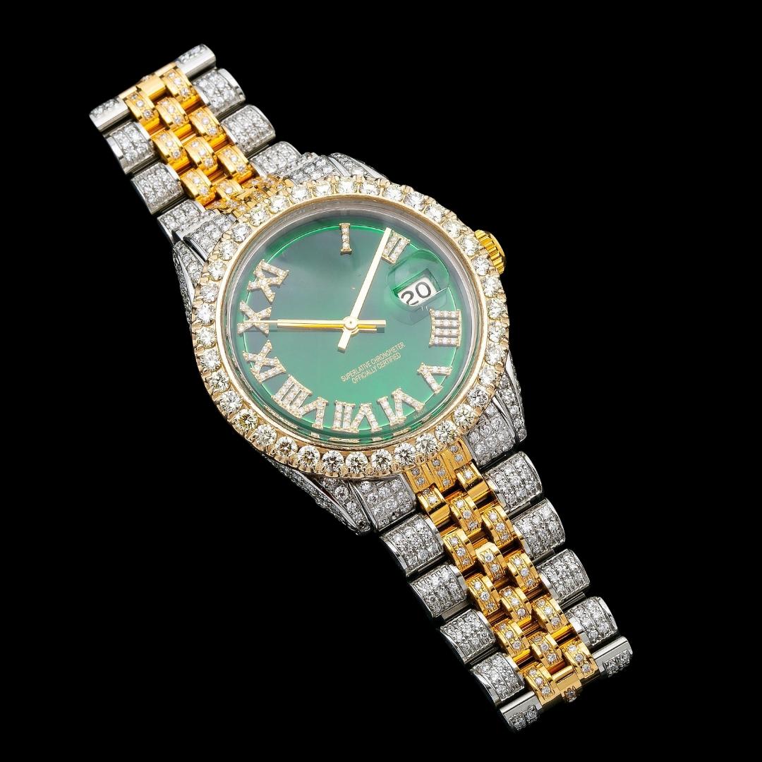 Rolex Datejust Green Roman Diamond Dial Diamond Bezel Two Tone Yellow Gold Fully Jubilee Iced Out Moissanite Watch Close Up Front View