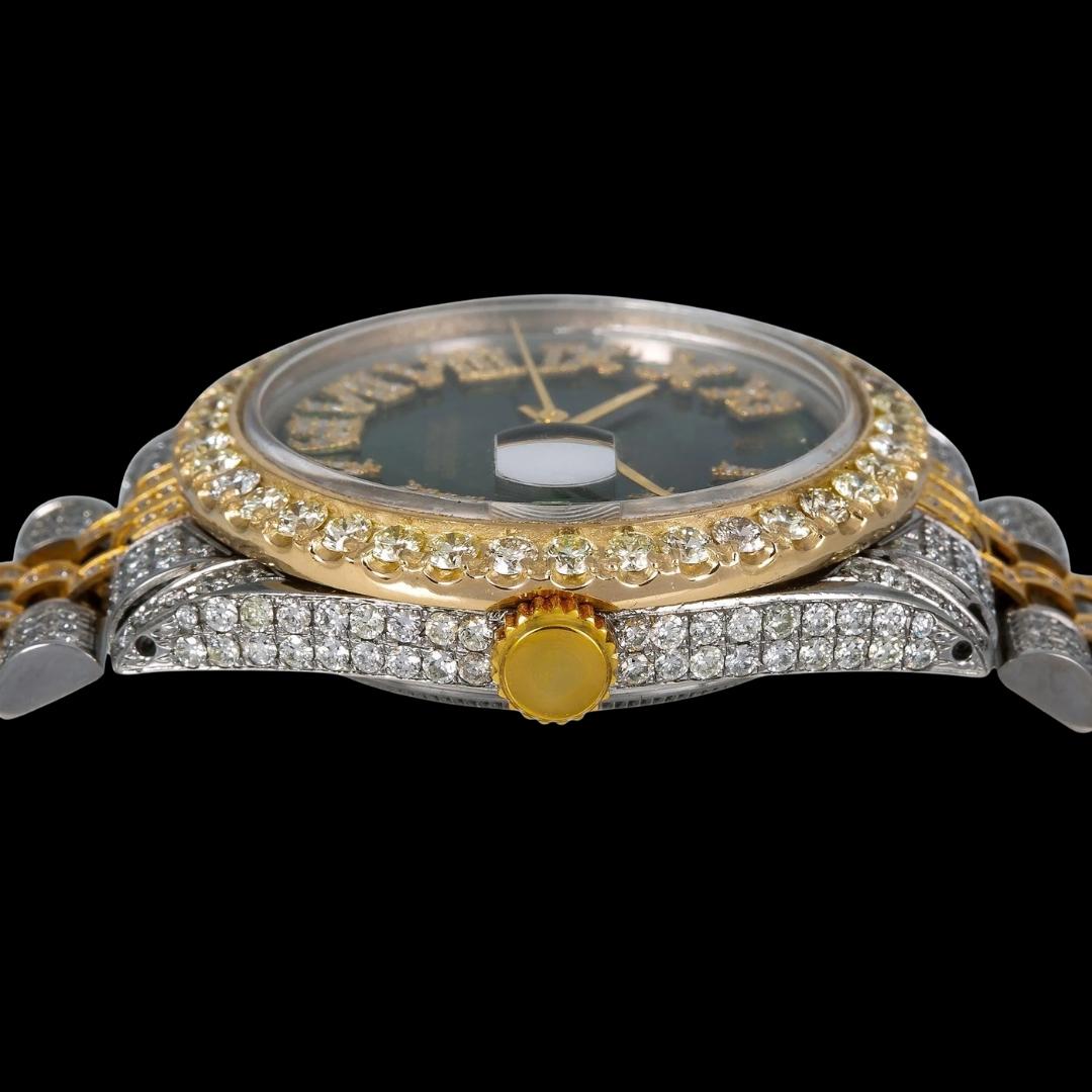 Rolex Datejust Green Roman Diamond Dial Diamond Bezel Two Tone Yellow Gold Fully Jubilee Iced Out Moissanite Watch Crown View