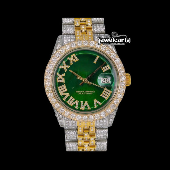 Rolex Datejust Green Roman Diamond Dial Diamond Bezel Two Tone Yellow Gold Fully Jubilee Iced Out Moissanite Watch Front View
