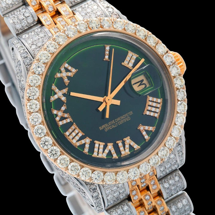 Rolex Datejust Green Roman Diamond Dial Two Tone Jubilee Bracelet Rose Gold Moissanite Watch Close Up Dial View