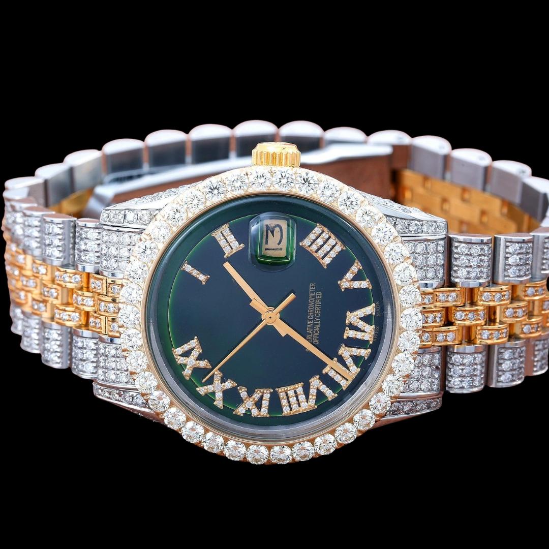 Rolex Datejust Green Roman Diamond Dial Two Tone Jubilee Bracelet Rose Gold Moissanite Watch Close Up Front View