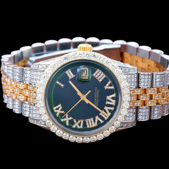 Rolex Datejust Green Roman Diamond Dial Two Tone Jubilee Bracelet Rose Gold Moissanite Watch Close Up Front View