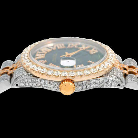 Rolex Datejust Green Roman Diamond Dial Two Tone Jubilee Bracelet Rose Gold Moissanite Watch Crown View