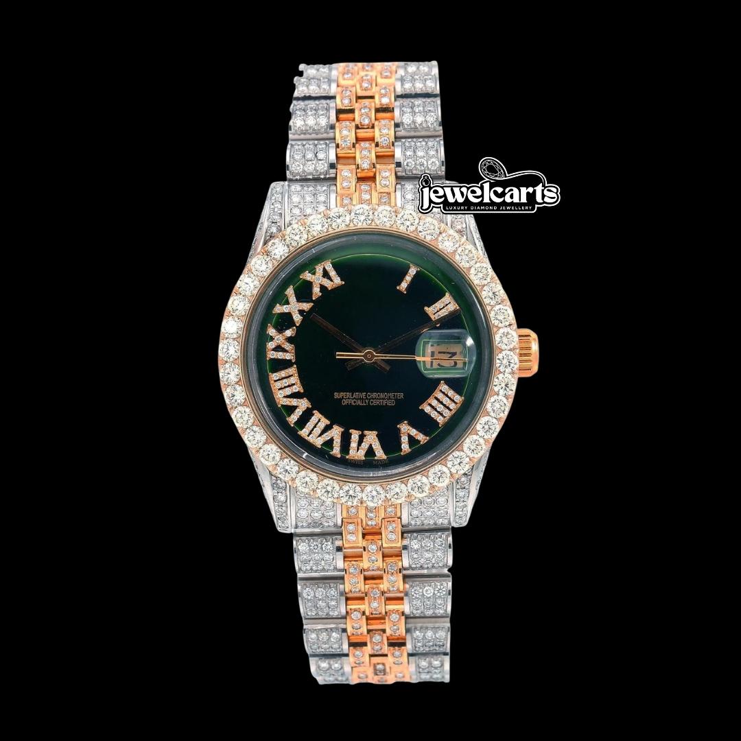 Rolex Datejust Green Roman Diamond Dial Two Tone Jubilee Bracelet Rose Gold Moissanite Watch Front View