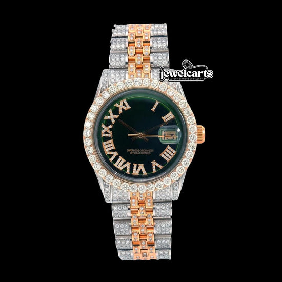 Rolex Datejust Green Roman Diamond Dial Two Tone Jubilee Bracelet Rose Gold Moissanite Watch Front View
