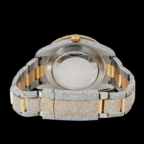 Rolex Datejust II Ruby Red Dial Roman Numerals Two Tone Yellow Gold Oyster Strap Iced Out Moissanite Watch Caseback View