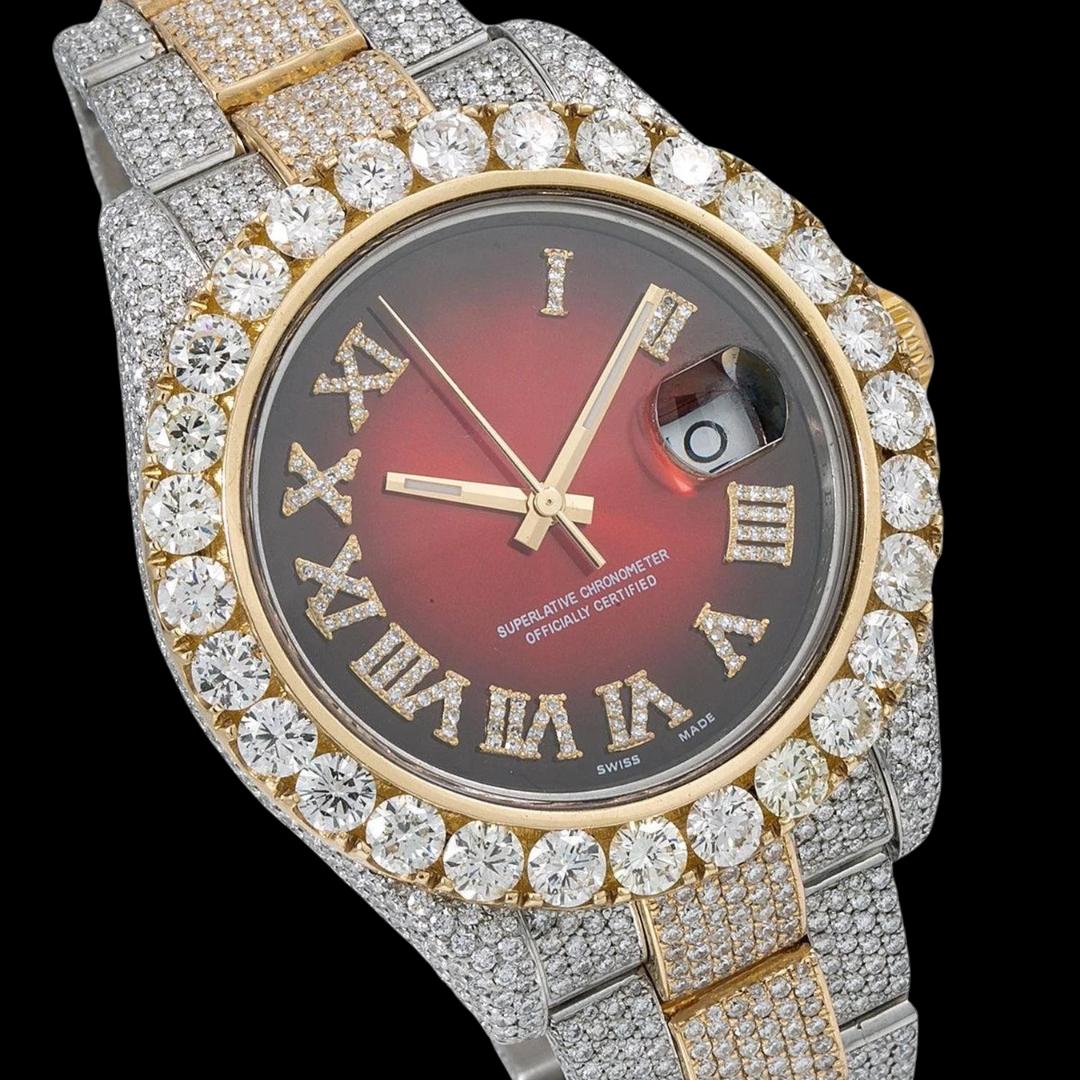Rolex Datejust II Ruby Red Dial Roman Numerals Two Tone Yellow Gold Oyster Strap Iced Out Moissanite Watch Close Up Dial View