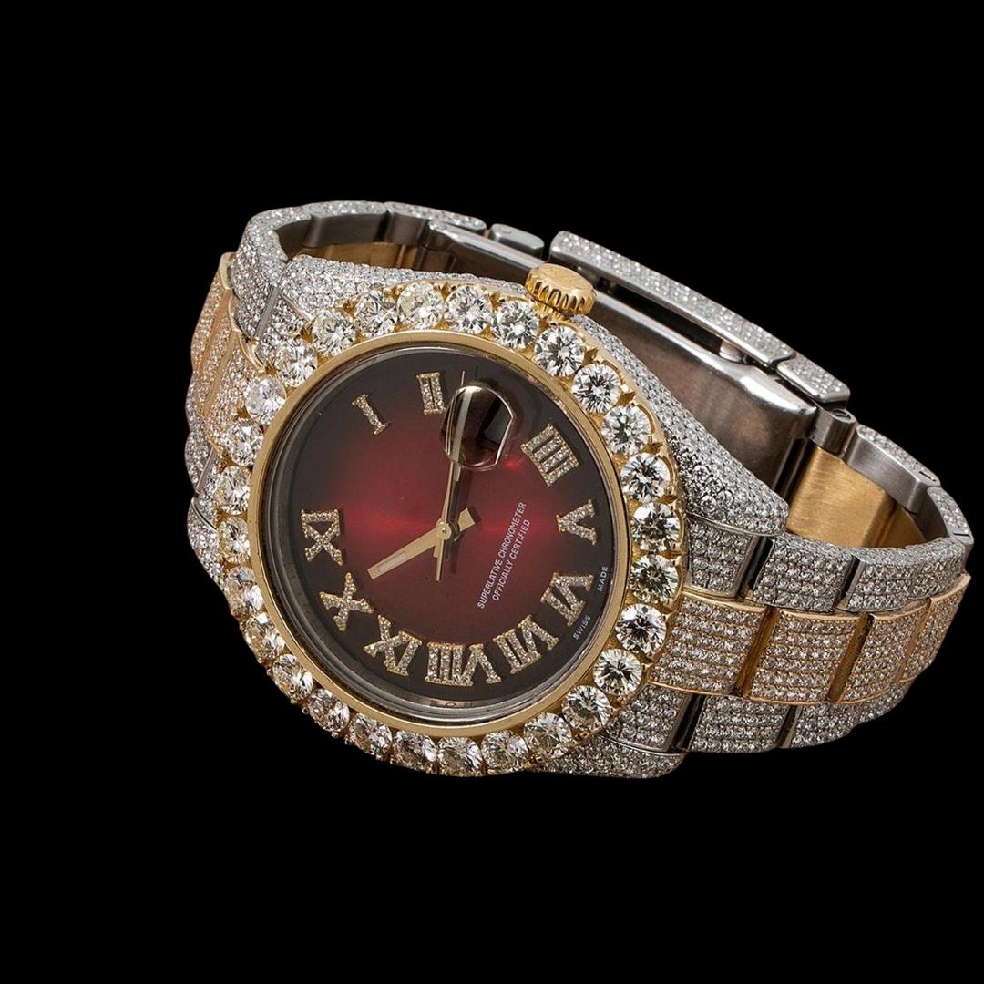 Rolex Datejust II Ruby Red Dial Roman Numerals Two Tone Yellow Gold Oyster Strap Iced Out Moissanite Watch Close Up Front View