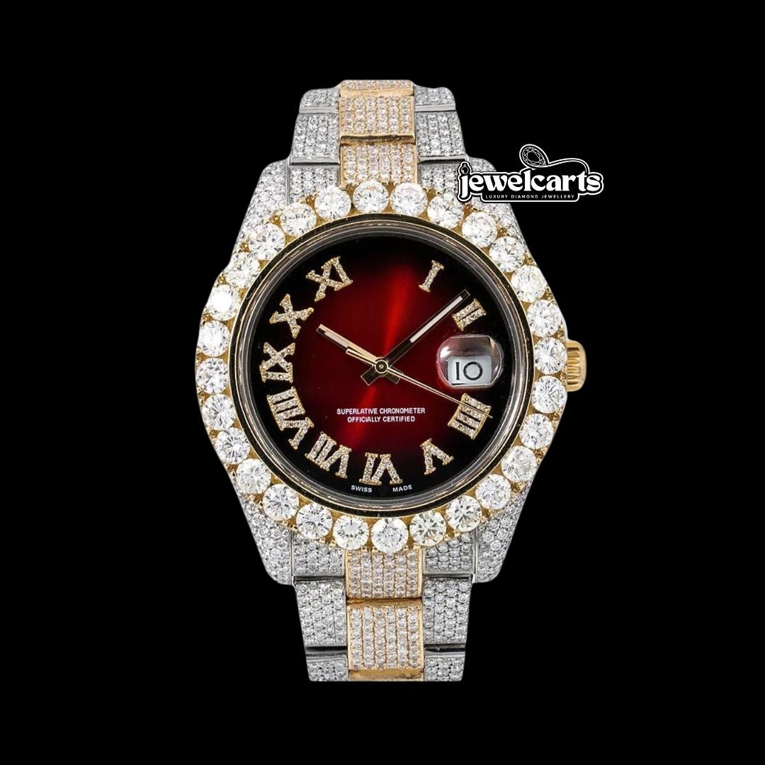 Rolex Datejust II Ruby Red Dial Roman Numerals Two Tone Yellow Gold Oyster Strap Iced Out Moissanite Watch Front View
