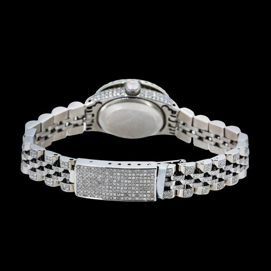 Rolex Datejust Ladies Pink Dial Diamond Markers Full Iced Out Jubilee Bracelet Moissanite Watch Caseback View