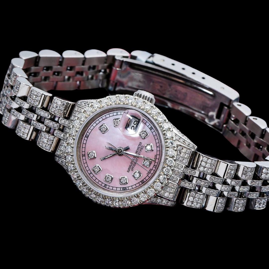 Rolex Datejust Ladies Pink Dial Diamond Markers Full Iced Out Jubilee Bracelet Moissanite Watch Close Up Front View