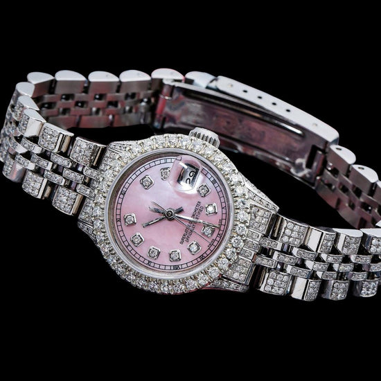 Rolex Datejust Ladies Pink Dial Diamond Markers Full Iced Out Jubilee Bracelet Moissanite Watch Close Up Front View