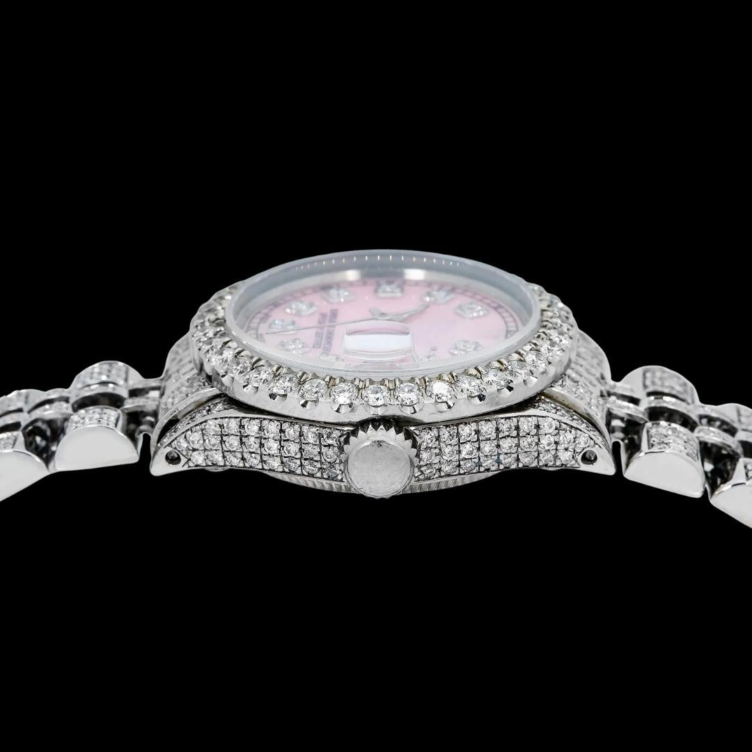 Rolex Datejust Ladies Pink Dial Diamond Markers Full Iced Out Jubilee Bracelet Moissanite Watch Crown View