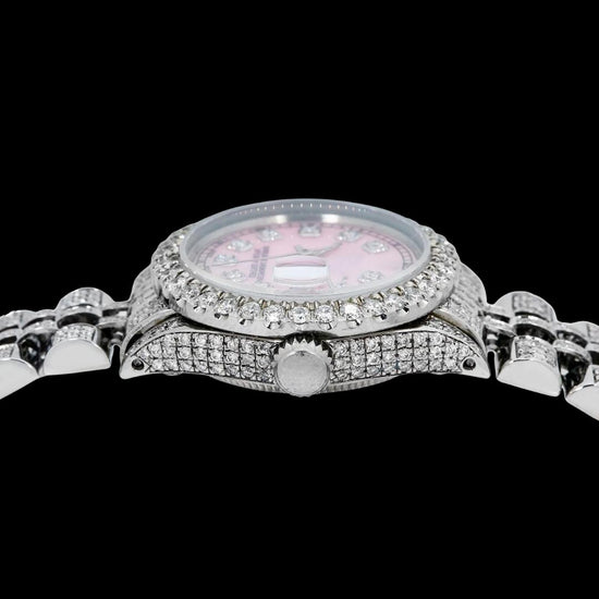 Rolex Datejust Ladies Pink Dial Diamond Markers Full Iced Out Jubilee Bracelet Moissanite Watch Crown View