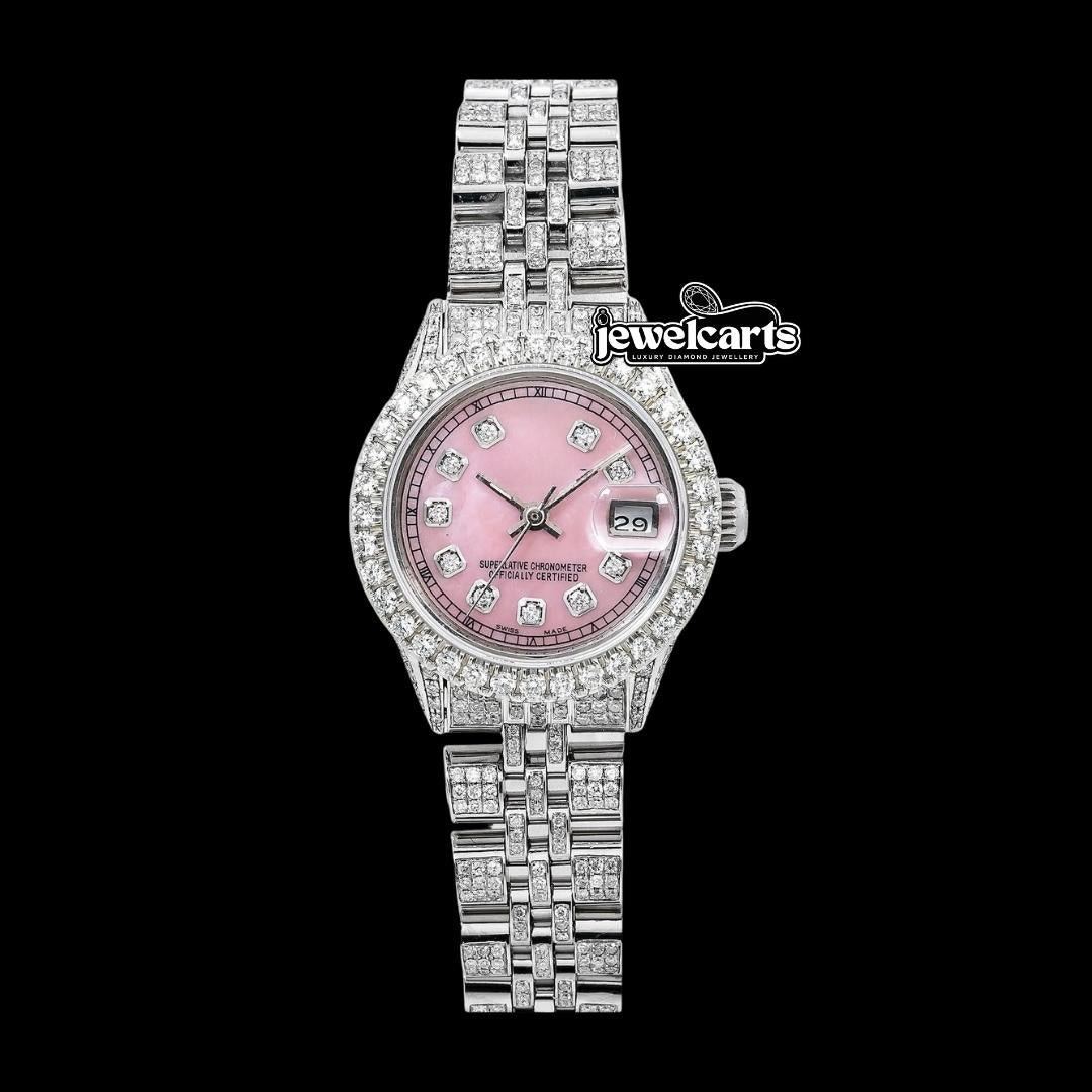 Rolex Datejust Ladies Pink Dial Diamond Markers Full Iced Out Jubilee Bracelet Moissanite Watch Front View