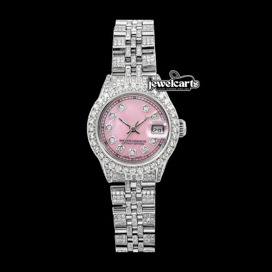 Rolex Datejust Ladies Pink Dial Diamond Markers Full Iced Out Jubilee Bracelet Moissanite Watch Front View