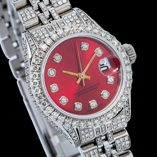 Rolex Datejust Ladies Red Dial Diamond Markers Full Iced Out Jubilee Bracelet Moissanite Watch Close Up Dial View