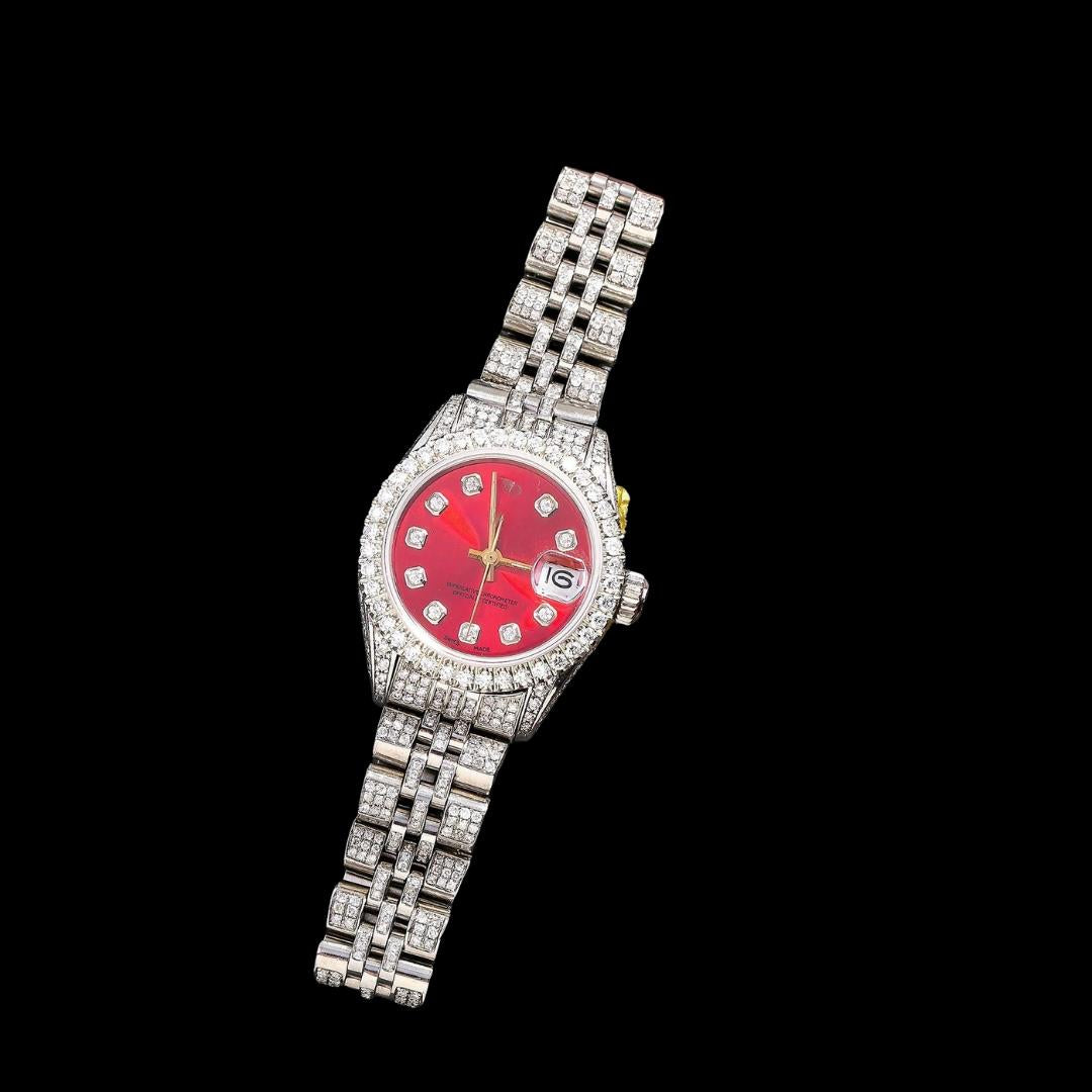 Rolex Datejust Ladies Red Dial Diamond Markers Full Iced Out Jubilee Bracelet Moissanite Watch Close Up Front View
