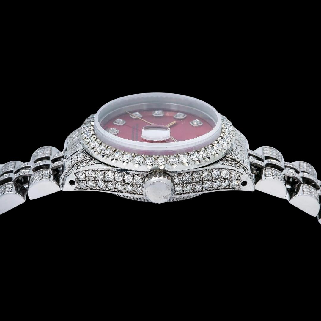 Rolex Datejust Ladies Red Dial Diamond Markers Full Iced Out Jubilee Bracelet Moissanite Watch Crown View