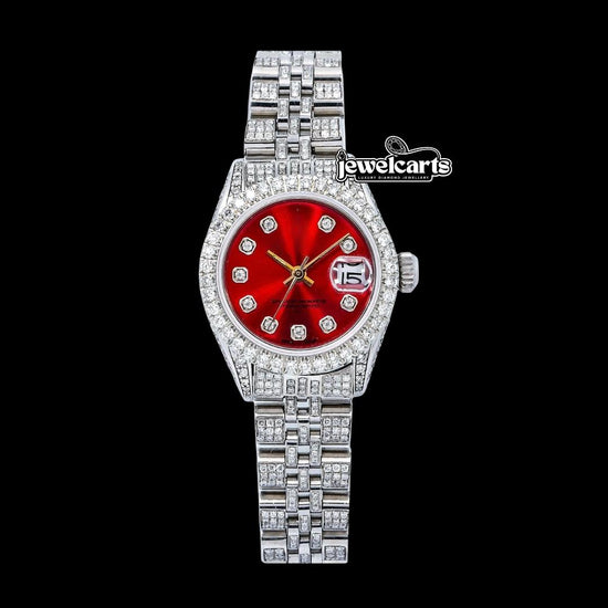 Rolex Datejust Ladies Red Dial Diamond Markers Full Iced Out Jubilee Bracelet Moissanite Watch Front View