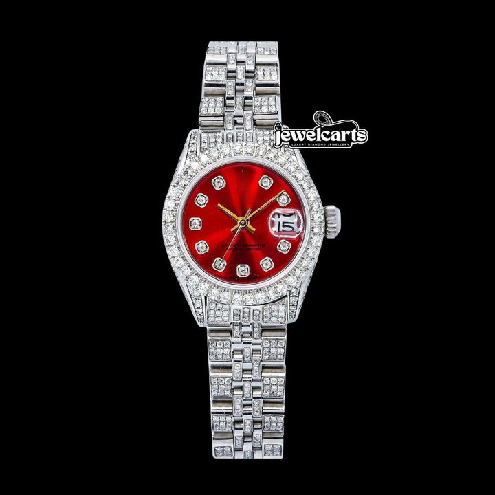 Rolex Datejust Ladies Red Dial Diamond Markers Full Iced Out Jubilee Bracelet Moissanite Watch Front View