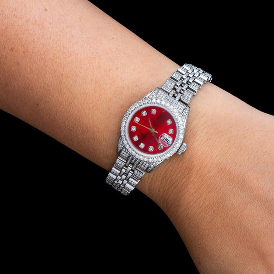 Rolex Datejust Ladies Red Dial Diamond Markers Full Iced Out Jubilee Bracelet Moissanite Watch On Wrist View