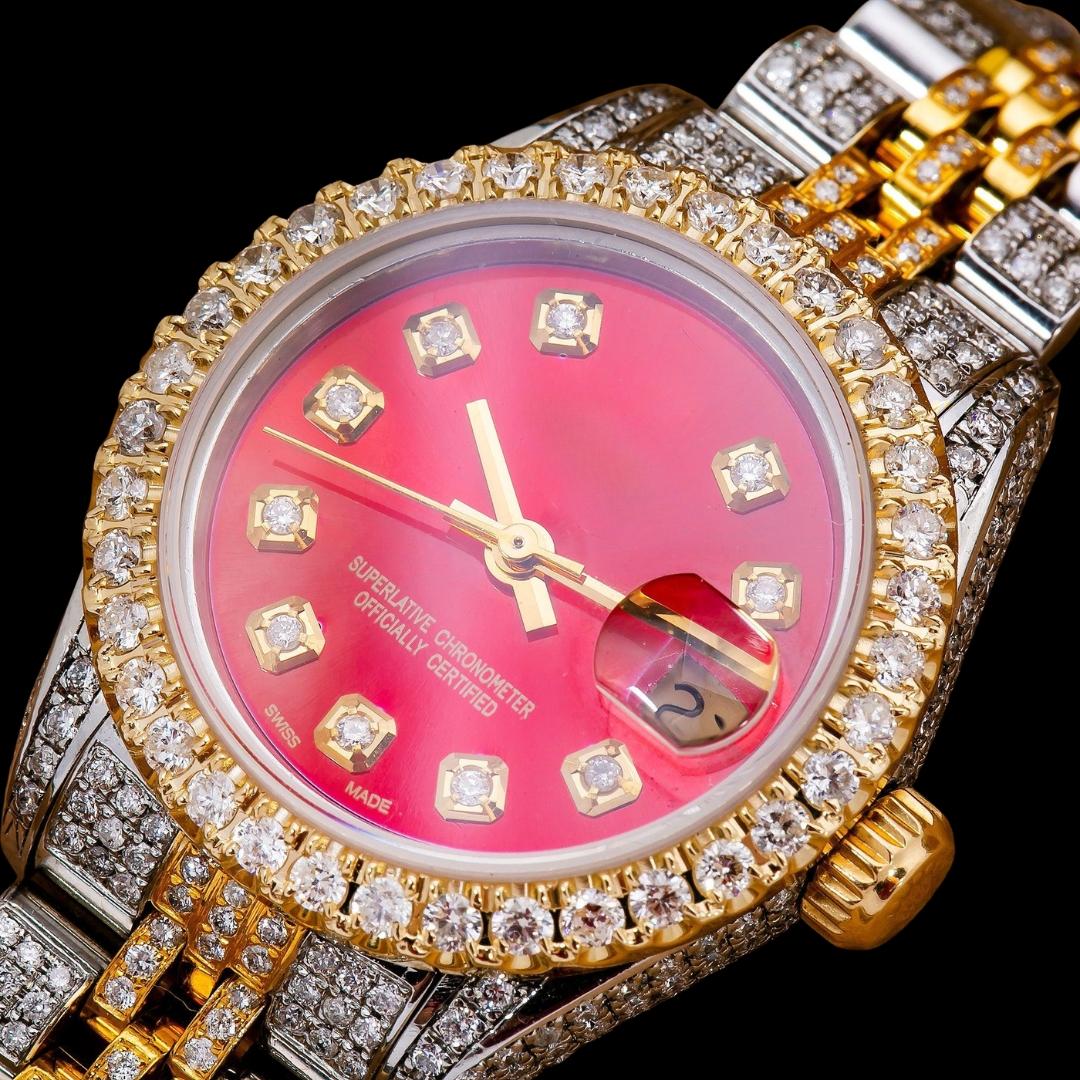 Rolex Datejust Ladies Red Dial Diamond Markers Two Tone Jubilee Bracelet Iced Out Moissanite Watch Close Up Front View