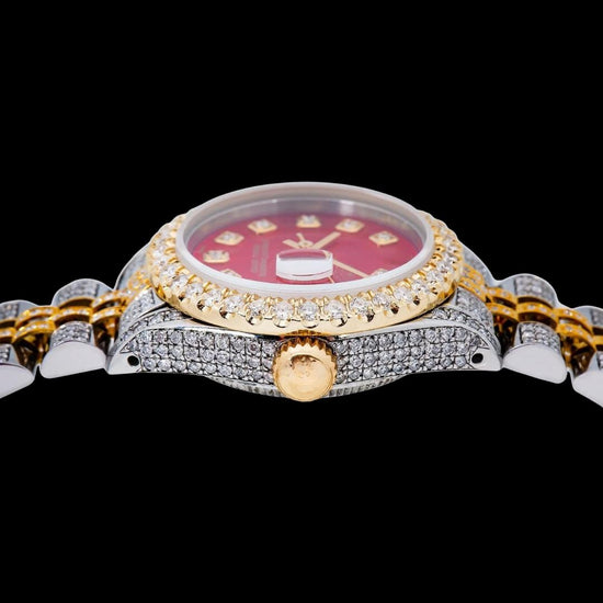 Rolex Datejust Ladies Red Dial Diamond Markers Two Tone Jubilee Bracelet Iced Out Moissanite Watch Crown View