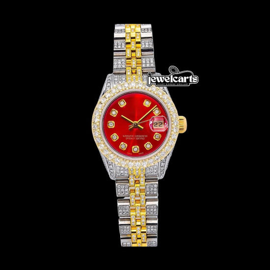Rolex Datejust Ladies Red Dial Diamond Markers Two Tone Jubilee Bracelet Iced Out Moissanite Watch Front View