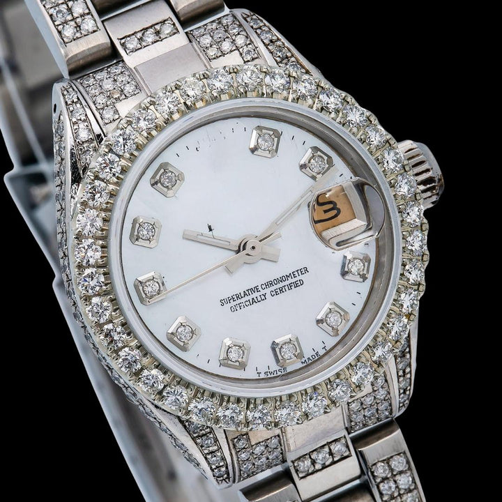 Rolex Datejust Ladies White Dial Diamond Markers Oyster Bracelet Iced Out Moissanite Watch Close Up Dial View