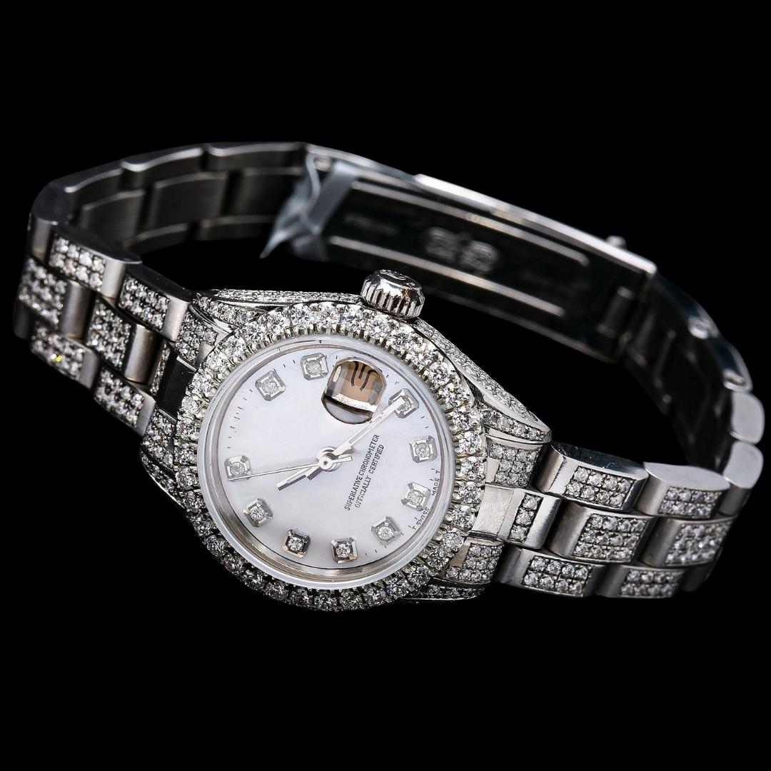 Rolex Datejust Ladies White Dial Diamond Markers Oyster Bracelet Iced Out Moissanite Watch Close Up Front View