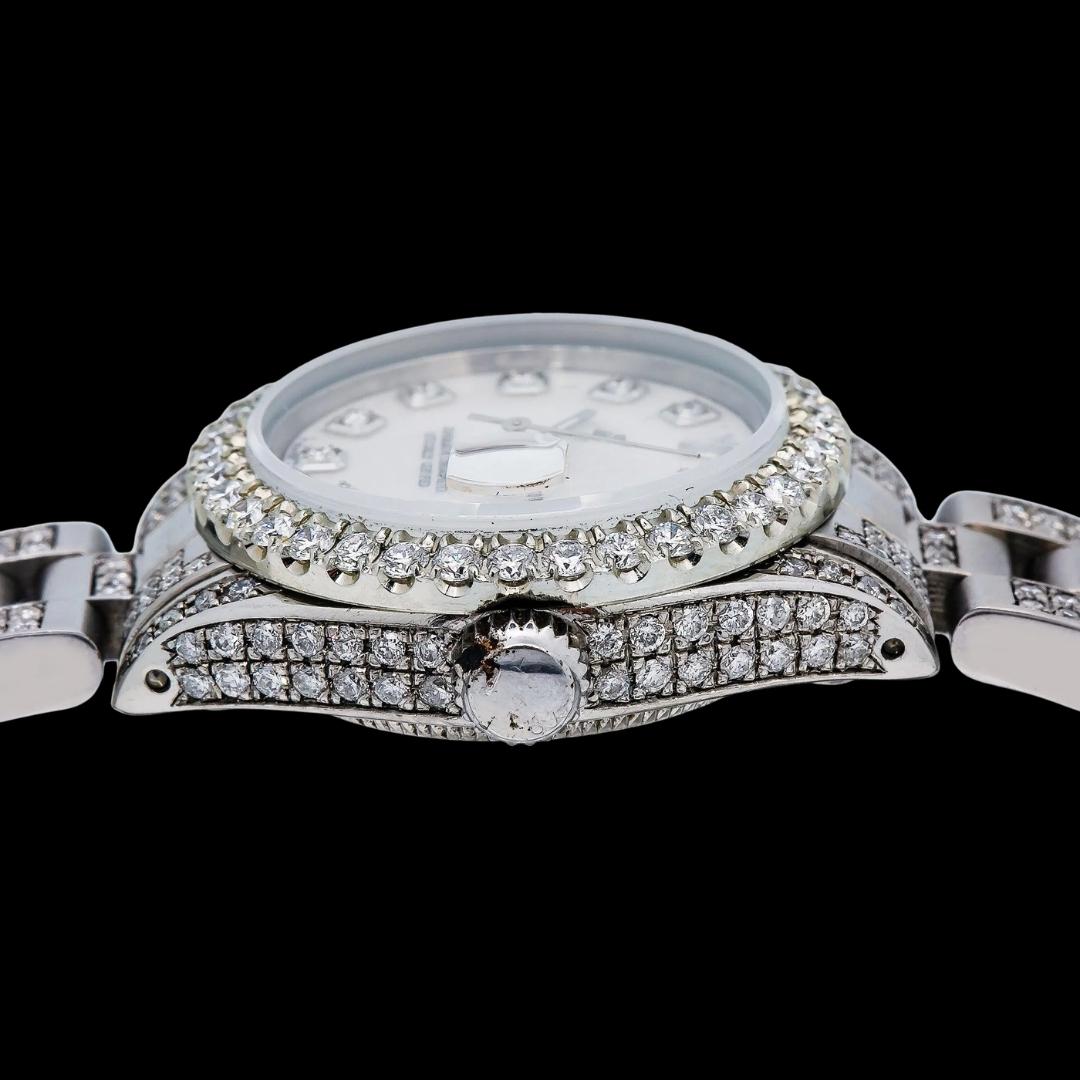 Rolex Datejust Ladies White Dial Diamond Markers Oyster Bracelet Iced Out Moissanite Watch Crown View