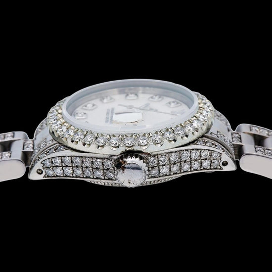 Rolex Datejust Ladies White Dial Diamond Markers Oyster Bracelet Iced Out Moissanite Watch Crown View