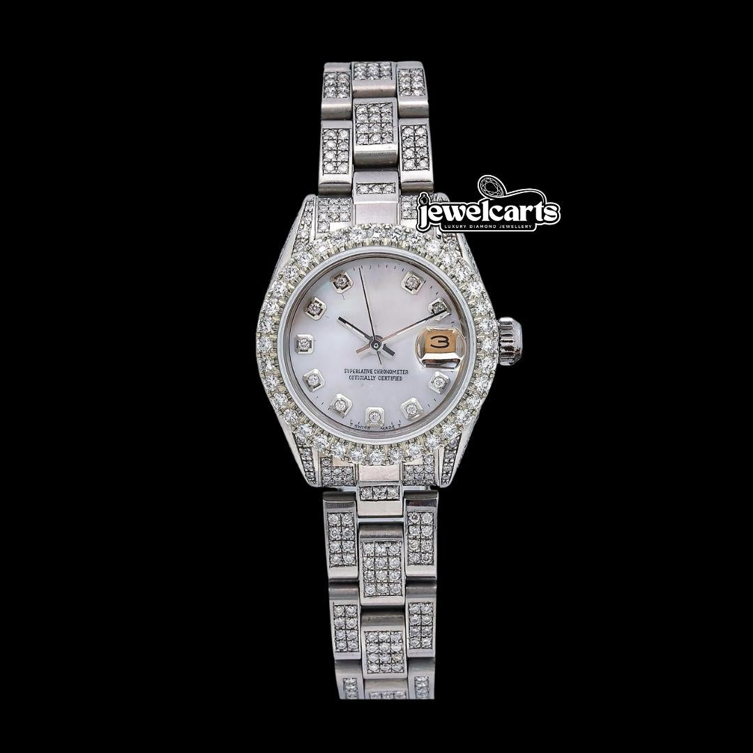 Rolex Datejust Ladies White Dial Diamond Markers Oyster Bracelet Iced Out Moissanite Watch Front View