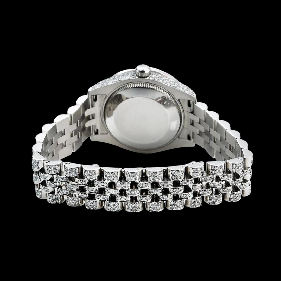 Rolex Datejust Ladies White Roman Dial Jubilee Bracelet Fully Iced Out Moissanite Watch Caseback View