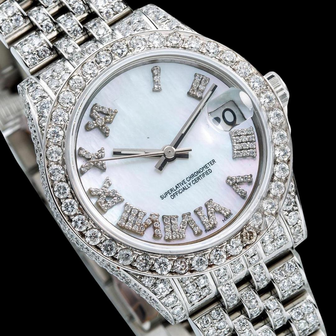 Rolex Datejust Ladies White Roman Dial Jubilee Bracelet Fully Iced Out Moissanite Watch Close Up Dial View