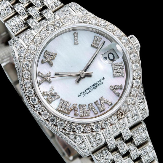 Rolex Datejust Ladies White Roman Dial Jubilee Bracelet Fully Iced Out Moissanite Watch Close Up Dial View