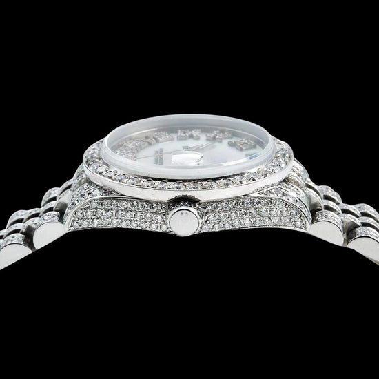 Rolex Datejust Ladies White Roman Dial Jubilee Bracelet Fully Iced Out Moissanite Watch Crown View