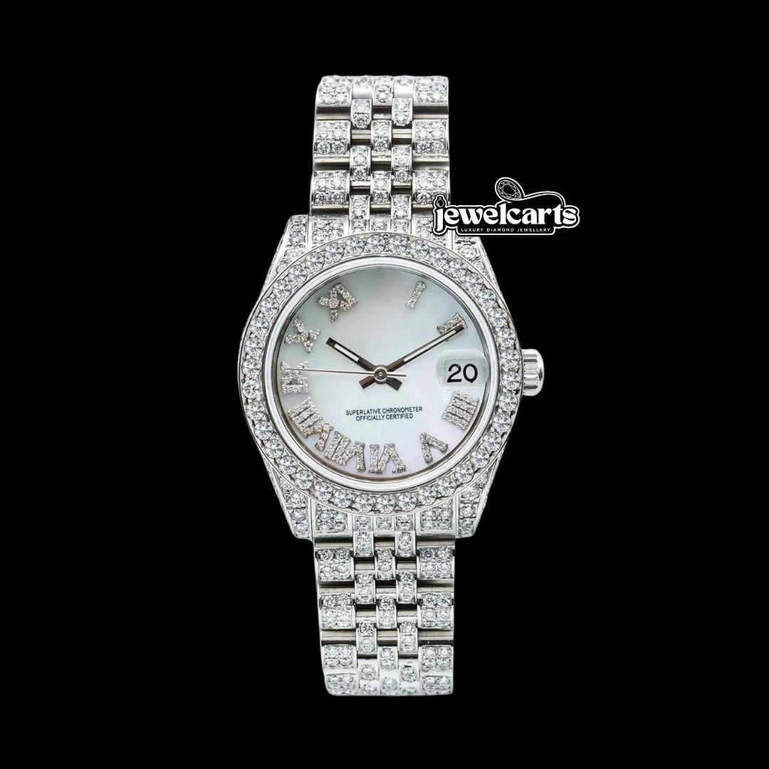 Rolex Datejust Ladies White Roman Dial Jubilee Bracelet Fully Iced Out Moissanite Watch Front View